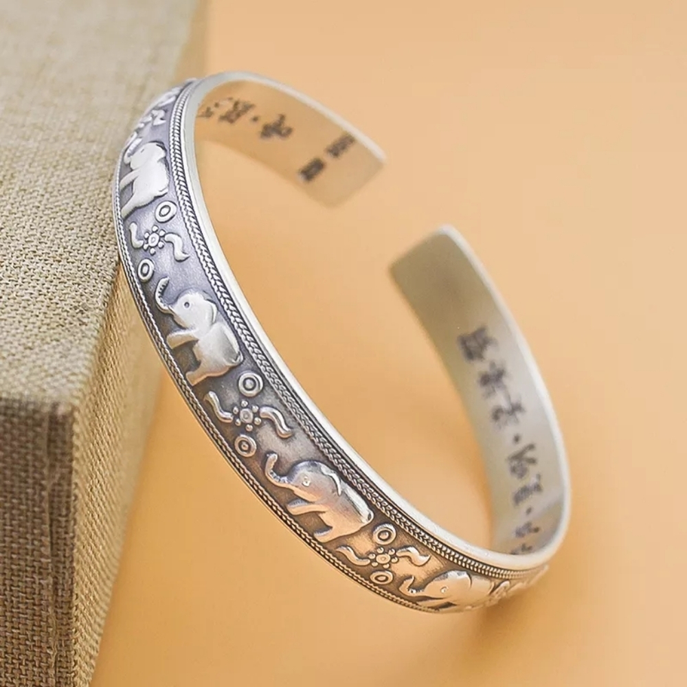 Unisex Engraved Elephant Bracelet 999 Pure Silver Cuff - Picture 9 of 14